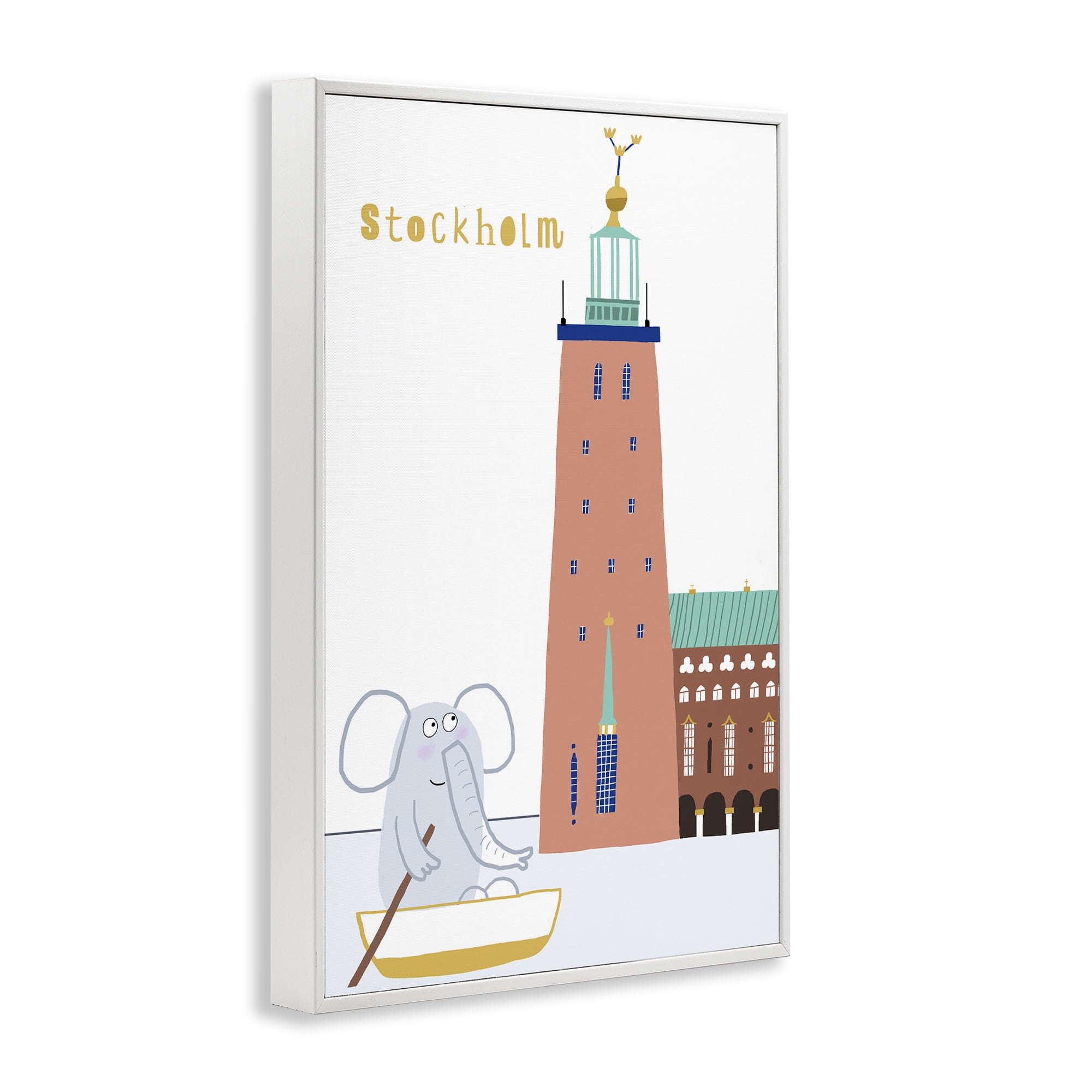 Elephant in Stockholm Boat White Framed Giclee Art, design by Carla Daly