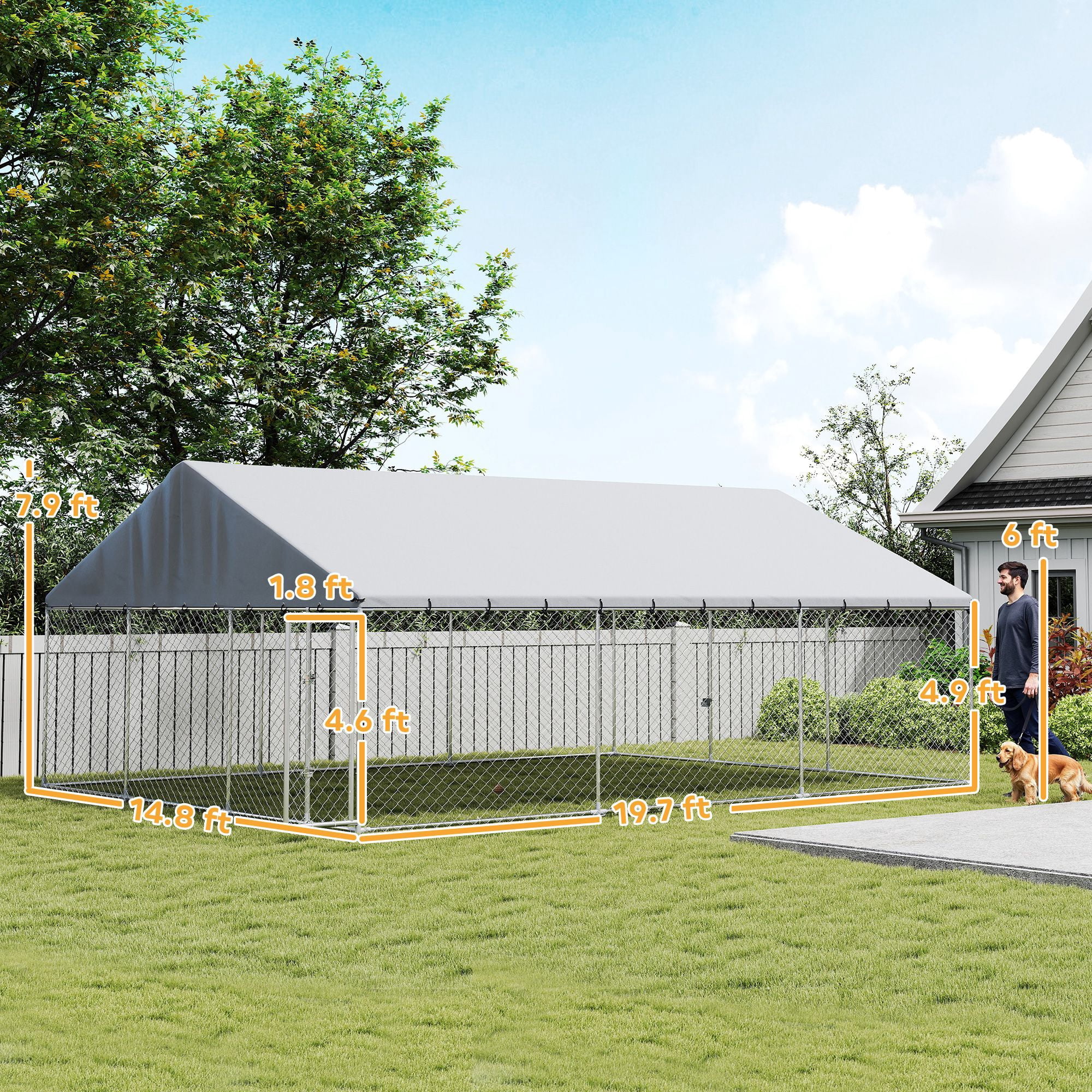 Dranite Outdoor Dog Kennel, 20' x 15' x 8' Chain Link Dog Run with Waterproof Roof & 2 Secure Latches