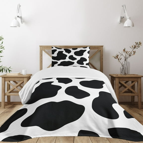 Ambesonne Cow Print Quilted Bedspread Set 2 Pcs, White Cow Hide Barn, Twin Size, Black White