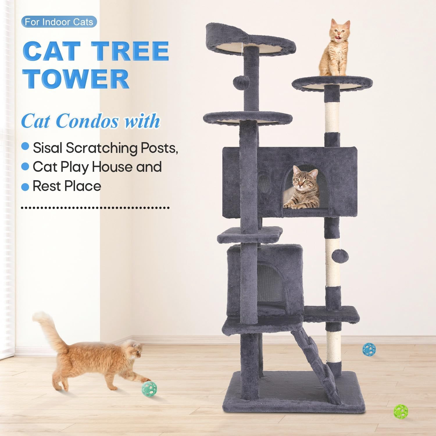FDW 54in Cat Tree Tower, Scratch Posts, Condo, Toys,Perfect for Active Cats,Ashy