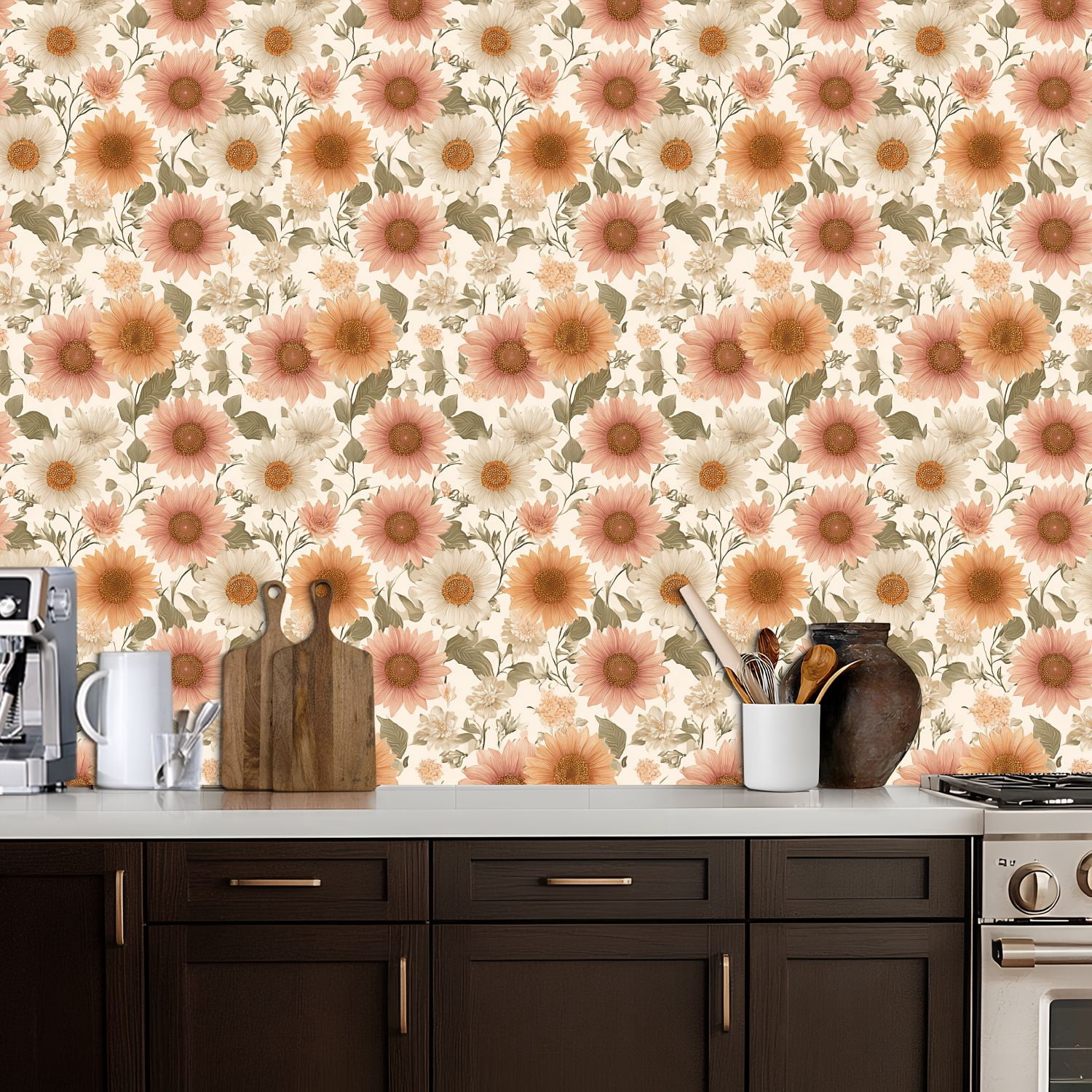 Peel and Stick Wallpaper 17.7in x 9.8ft Floral Sunflowers Pastel Daisies Vintage Contact Paper Vinyl Waterproof Self Adhesive Wall Paper for Bedroom Shelf Cabinet Renter Friendly