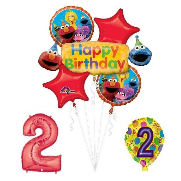 Sesame Street Elmo and Friends 2nd Birthday Supplies Decorations Balloon Set, Plus (1) 66' (66 Foot) Roll of Curling Balloon Ribbon, in coordinating colors.