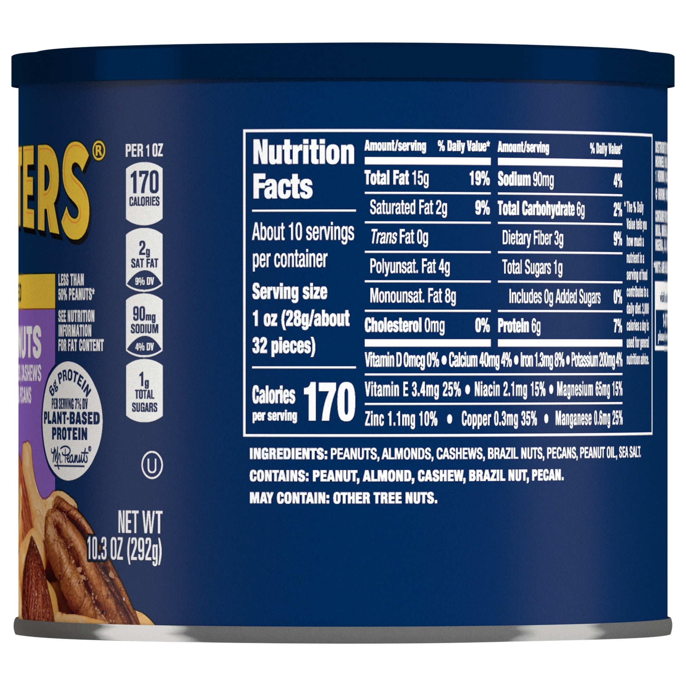(12 pack) PLANTERS Salted Mixed Nuts, Party Snacks, 6g (7% DV) Plant-Based Protein, 10.3 oz Can