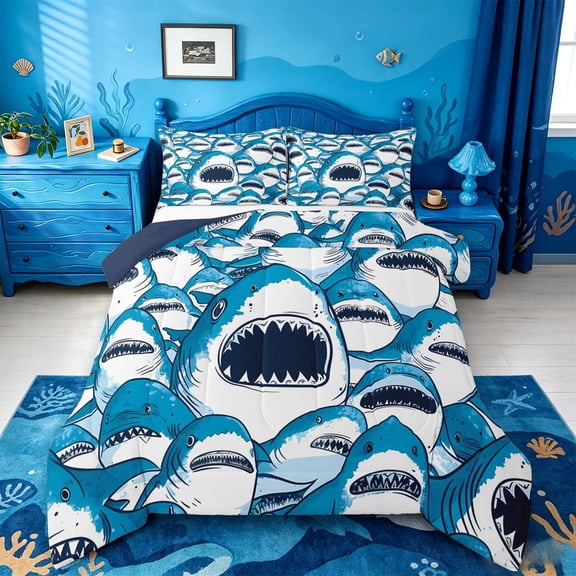 meiyoeat Cute Shark Full Size Comforter Sets,Kawaii Ocean Animal Bedding Comforter Set For Boys Kids,Navy Blue Reversible,3pcs