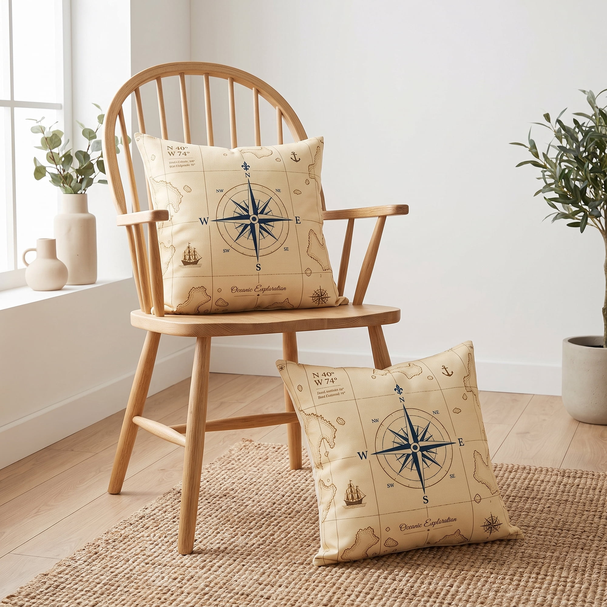 Unique Bargains Nautical Decorative Throw Pillow Covers Vintage Coastal Cushion Case Khaki Compass 18"x18"