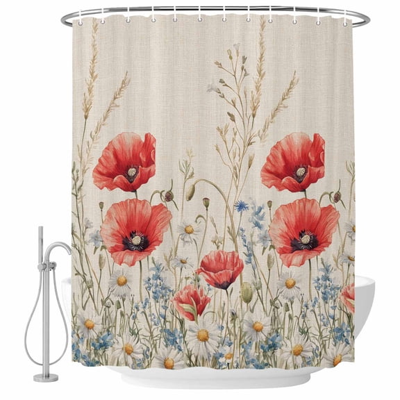 Xipuska Red Poppy Flower Shower Curtain - Water Repellent Fabric Shower Curtains Washable, Patriotic Botanical Summer Floral Decorative Polyester Cloth Bathroom Curtains Modern Bath Decor 66"x72"