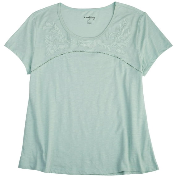 Coral Bay Womens Crochet Line Floral Embroidery Neck Top Large Seafoam