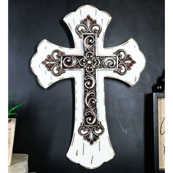 Rustic Southwestern Tuscany French Lily Fleur De Lis Antiqued White Wall Cross