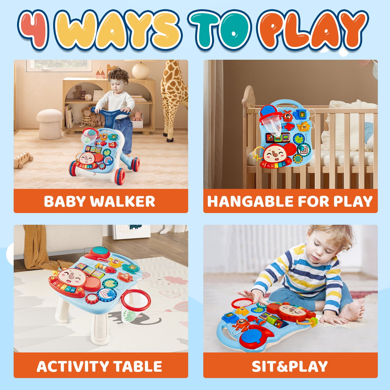 Wdmiya 3 in 1 Baby Walker and Activity Center for Girl, Baby Push Walkers, Sit to Stand Learning Walker, Early Educational Gifts with Music Panel for Infant Toddler 12+ Months, Blue