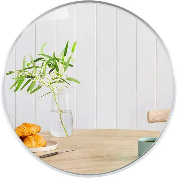 32 Inch Silver Metal Framed Round Bathroom Wall Mirror - Stylish & Functional for Bathroom, Vanity, Wall Decor