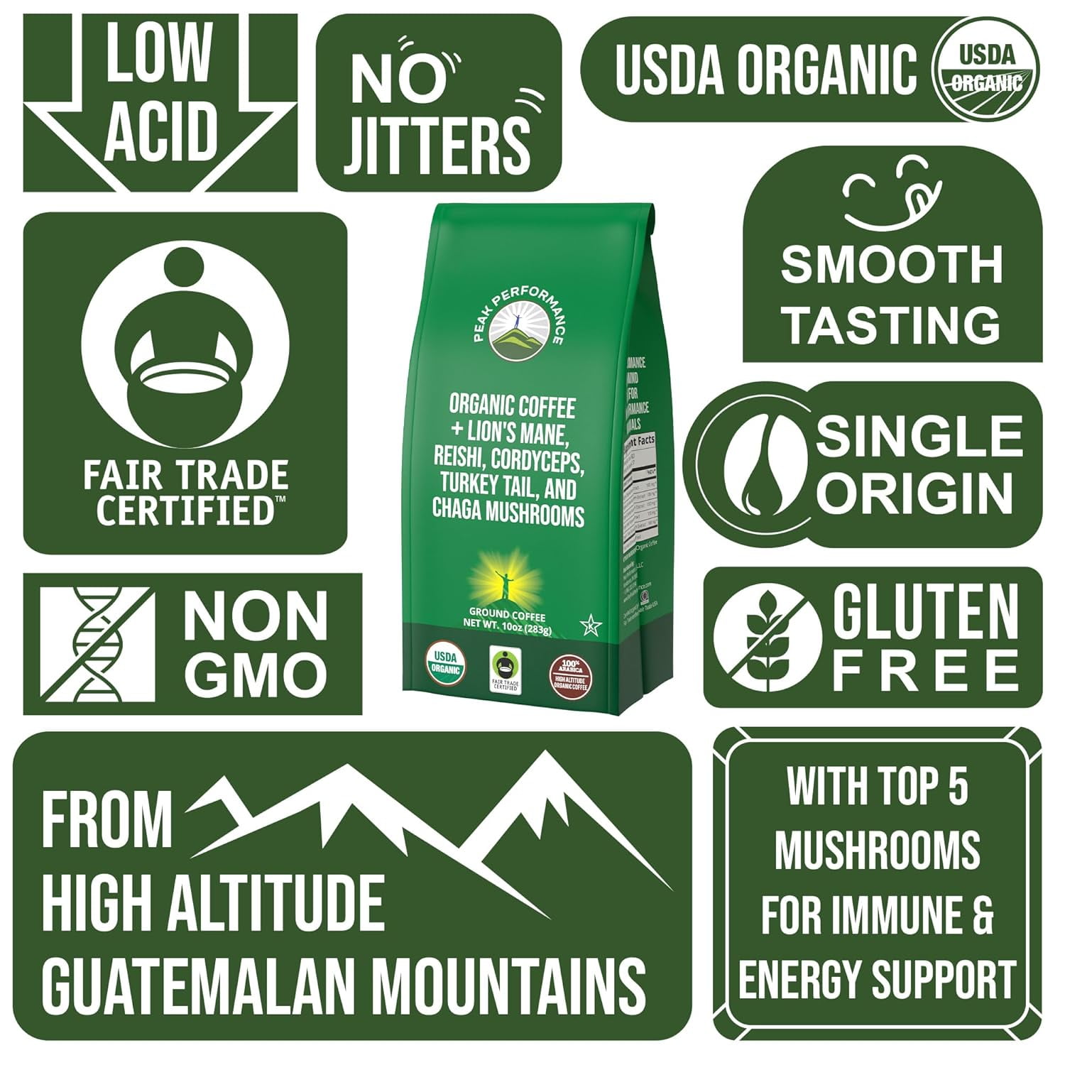 Peak Performance Mushroom Coffee - Organic Low Acid Coffee with Lion's Mane, Reishi, Cordyceps, Turkey Tail and Chaga - 10 Ounce Bag