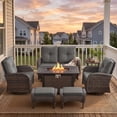 thumbnail image 2 of Patiobula Patio Furniture Set with Propane Fire Pit Table, 7 Pieces Outdoor Sectional Couch, Brown Wicker Rattan Conversation Loveseat Glider with Swivel Chair Ottomans for Backyard Deck, Gray, 2 of 15