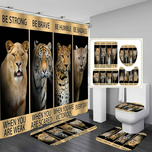 Juego de 4 cortinas de ducha con diseño de león, pareja de leones, azul real, rosa, flores, vida salvaje africana, safari, decoración de baño, cortina de ducha de tela impermeable, alfombra de baño