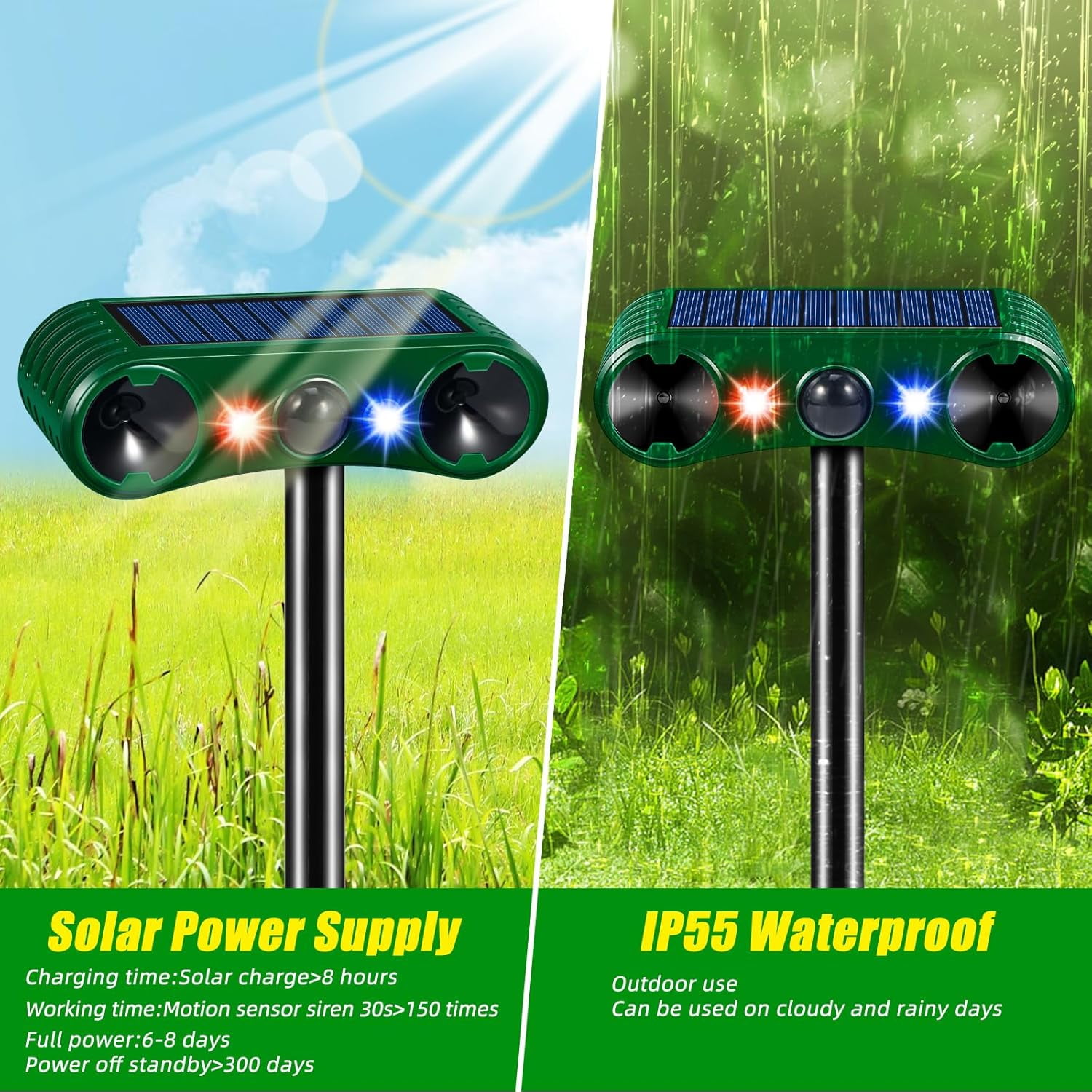 Paddsun Solar Animal Repeller,Ultrasonic Animal Repellent Deer Repellent Devices with LED Flashing Light to Squirrel Rabbit Raccoon for Garden