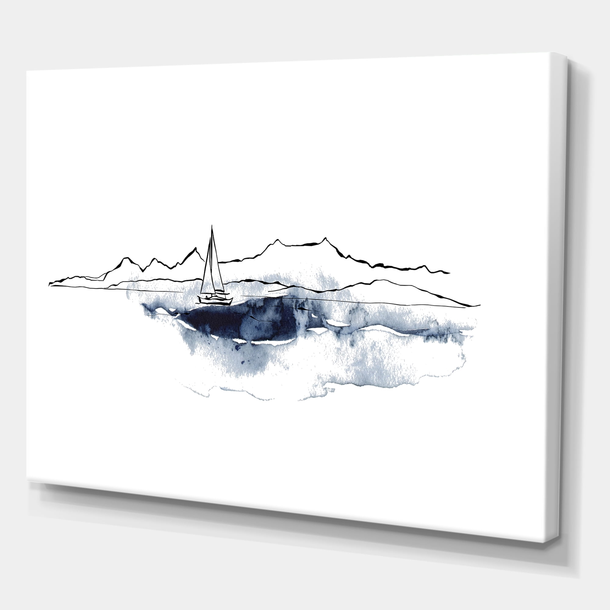 Designart ' Minimalistic Seascape With Boat and Black Mountains ' Nautical & Coastal Canvas Wall Art Print