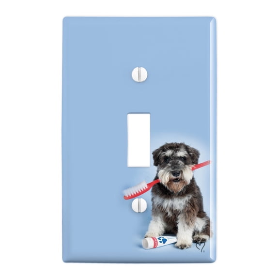 Schnauzer Puppy Dog with Toothbrush Dentist Plastic Wall Decor Toggle Light Switch Plate Cover