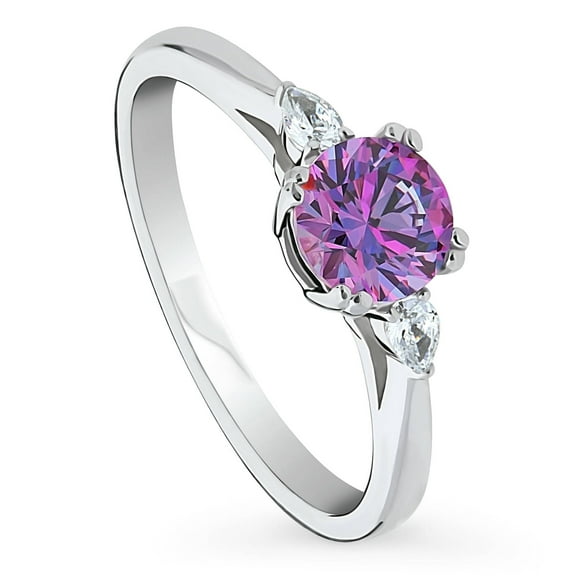 BERRICLE Sterling Silver 3-Stone Purple Round Cut Cubic Zirconia CZ Fashion Anniversary Ring for Women, Rhodium Plated 0.8 Carat Size 6.5