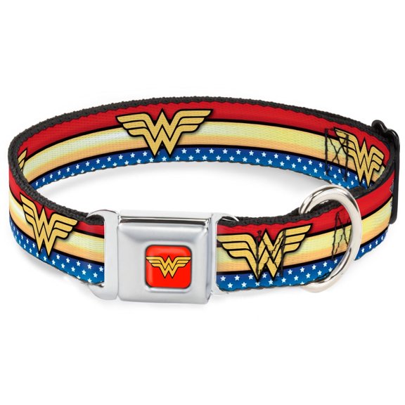 DC Comics Pet Collar, Dog Collar Metal Seatbelt Buckle, Wonder Woman Logo Stripe Stars Red Gold Blue White, 15 to 24 Inches 1.0 Inch Wide