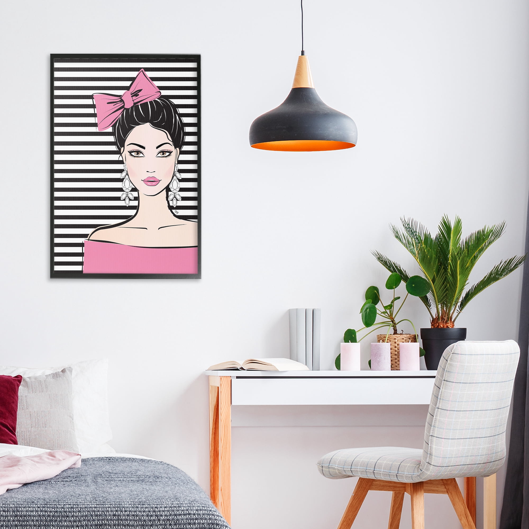 Stupell Industries Girl with Pink Bow & Earrings Black Framed Giclee Art, design by Martina Pavlova