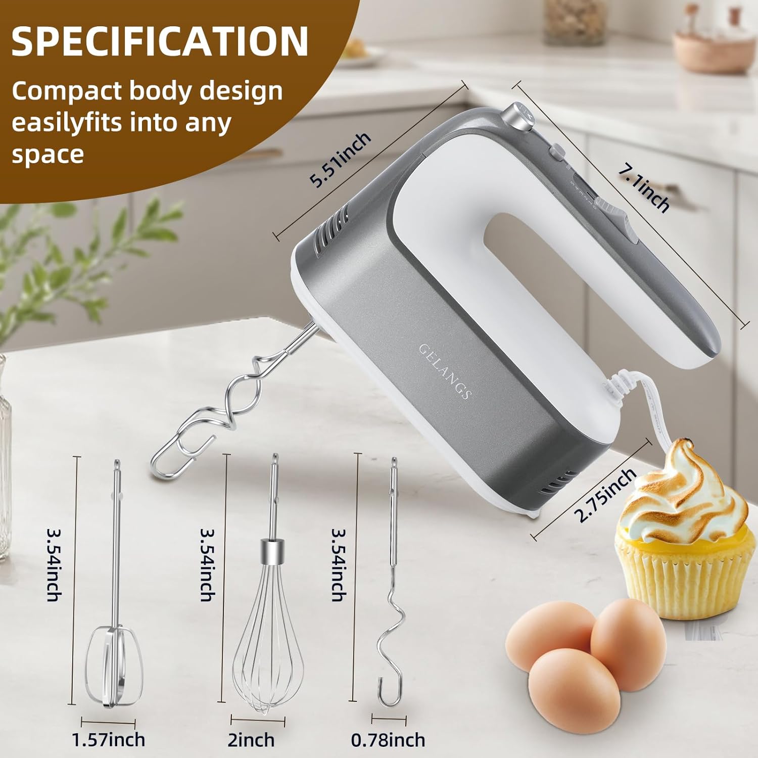 GELANGS-400W Hand Mixer with Turbo Boost - 5-Speed, One-Touch Release, Copper Motor 3 Dishwasher-Safe Attachments 110V Heavy Duty for Baking, Whipping & Dough