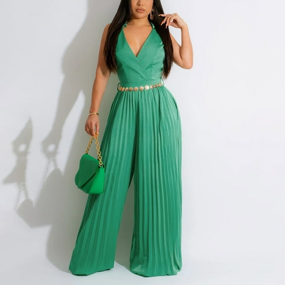 Solid Color Tank Jumpsuits for Women Slim Waist Wrap Deep V-Neck Rompers Sleeveless Pleated Wide Leg Floor Length Outfits Pants