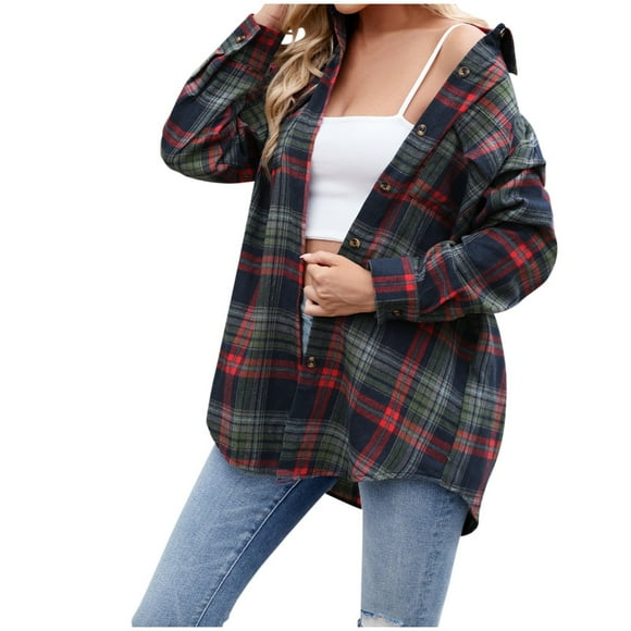 WEAIXIMIUNG V Neck T Shirts for Women Plus Size Sexy Women's Lightweight Flannel Plaid Button Down Shirts Oversized Long Sleeve Shacket Jacket Tops