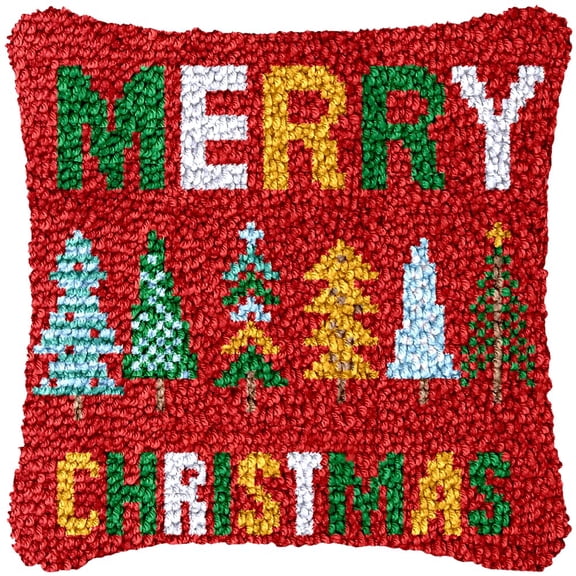 DIY Latch Hook Kits Pillow Merry Christmas Words Crochet Yarn Pre-Printed Cushion Needlework Pillowcase Hook and Latch Kit Cushion Home Sofa Decoration 43x43cm