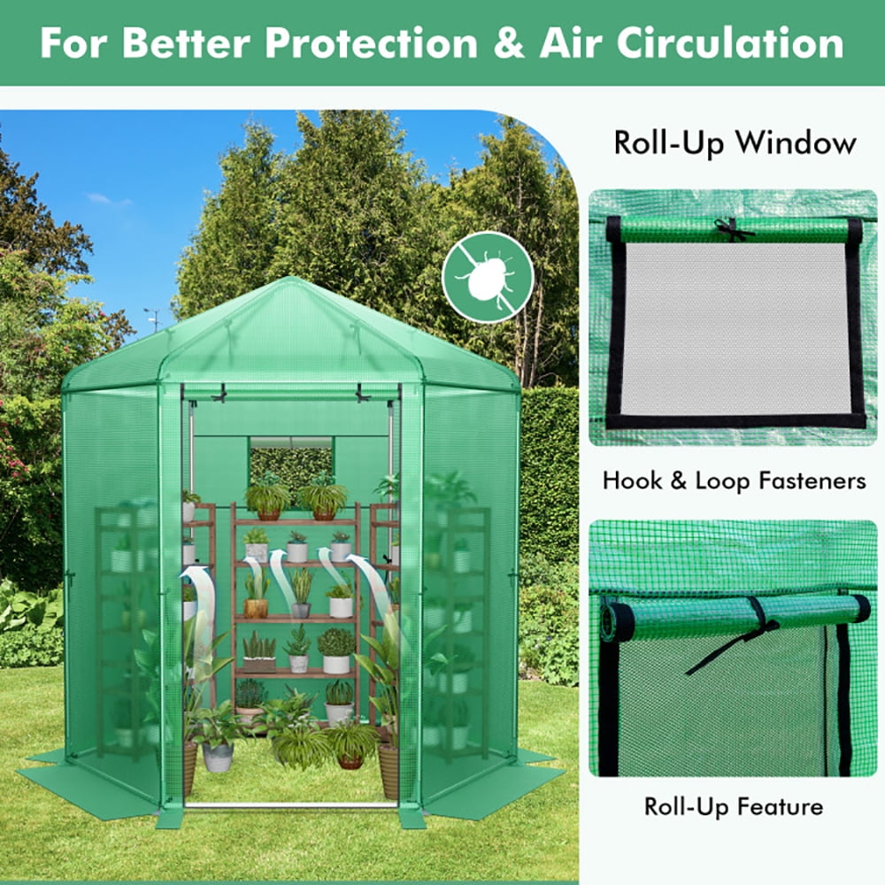 GVN Walk-In Hexagonal Greenhouse with PE Cover and Metal Frame, Walk-in Green House, Portable Greenhouse  for Planting and Storage