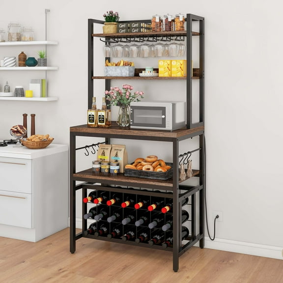 DWVO 4 Tier Coffee Bar Station, 31.5" Freestanding Kitchen Bakers Rack with Wine Rack, Kitchen Microwave Stand with Power Outlet and Hooks for Home, Dinning Room, Rustic Brown