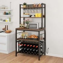 Dextrus 4 Tier Kitchen Bakers Rack with Power Outlets, 31.5" Freestanding Microwave Stand with Wine Rack & Hooks, Rustic Brown