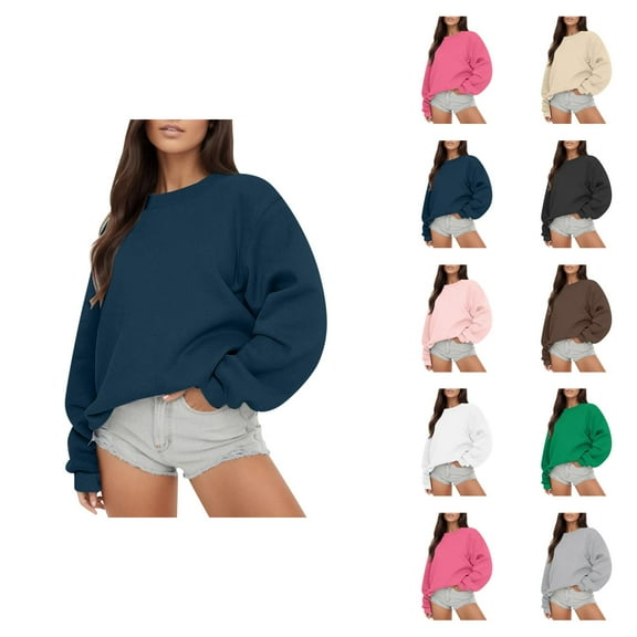 Tops for Women Trendy Women's Solid Color Sweatshirt Women Long Sleeve Sweatshirt Casual Crewneck Loose Fit Pollover Hoodie Fall Tops