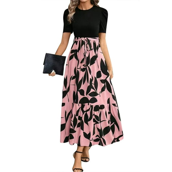 Women's Short Sleeve Puff Top Maxi Dress Floral Print A Line Flowy Swing Long Dress for Casual Party Wedding Guest Lightweight Breathable Fabric Comfort Fit,Sizes XS-2XL