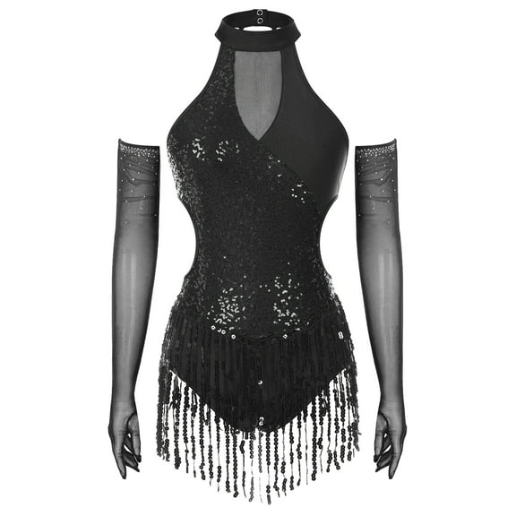 Xnihocha Women's Jazz Latin Dance Leotard Dress Sleeveless Hollow Out Sequin Bodysuit with Mesh Gloves Black S