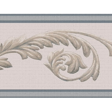 Dundee Deco's Peel and Stick Wallpaper Border - Damask Beige Blue Vines Wall Border Retro Design, 15 ft x 7 in, Self Adhesive