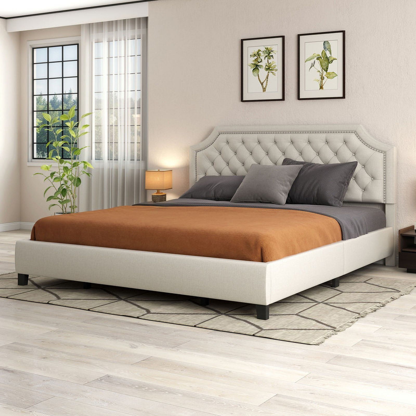 Uforic King Size Bed Frame with Adjustable Headboard, Upholstered Tufted Platform Bed, Easy Assembly, Adult and Teen, Beige