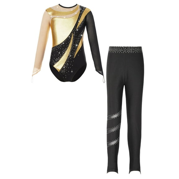 TSSOE Girls 2pcs Metallic Leotards with Legging Outfits Kids Long Sleeve Ballet Unitards Bodysuit Dancewear Gold 8