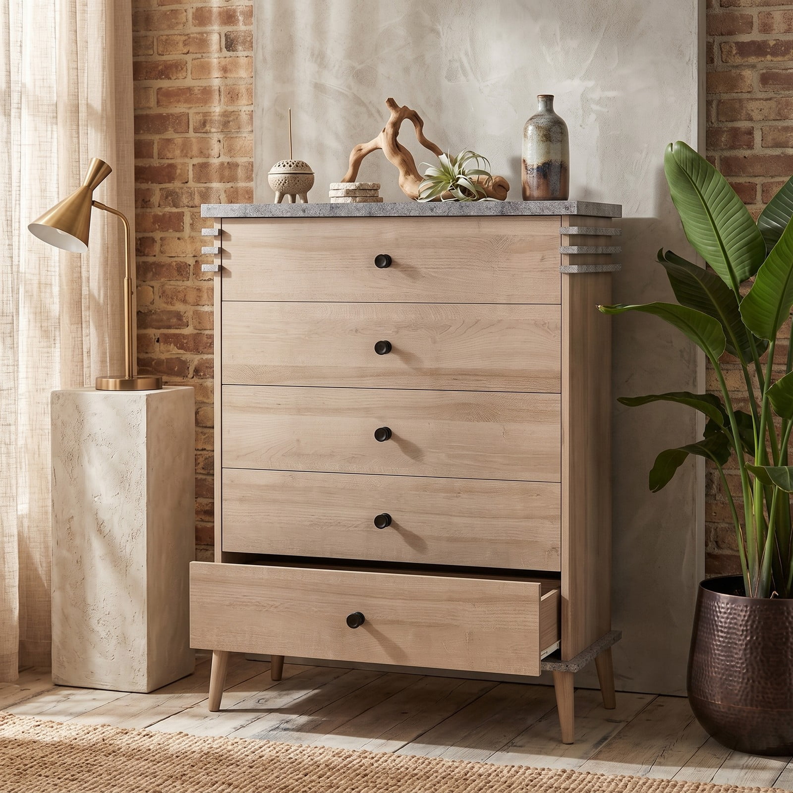 Furnibear Farmhouse 5-Drawer Tall Dresser with Metal Knobs and Solid Wood Legs for Bedroom and Closet Storage, Antique Grey and Natural