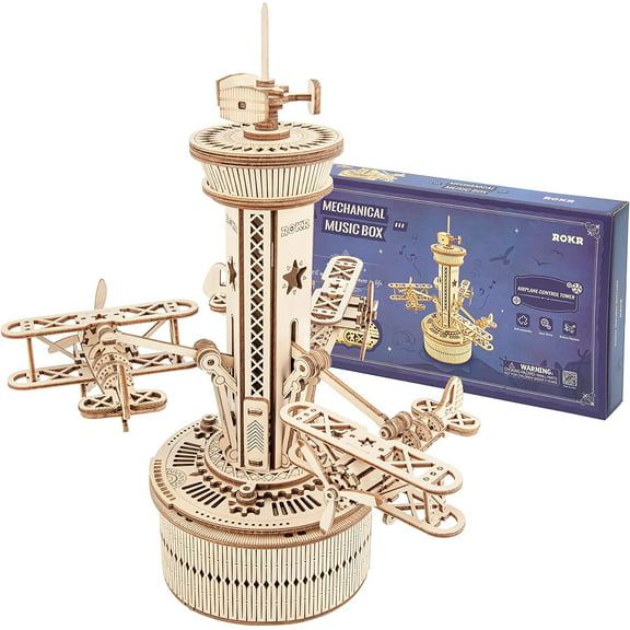 ROKR 3D Wooden Puzzle Mechanical Music Box,DIY Aircraft Model Kits to Build,Best Toy Gift for Kids/Teens/Adults on Birthday,Decoration for Room(AMK41 Airplane Control Tower)