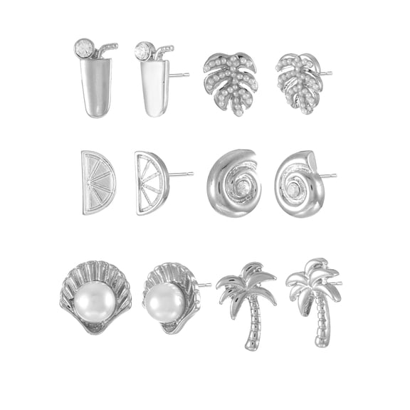 Time and Tru Silvertone Vacay Vibes Stud Earrings, 6 Pairs