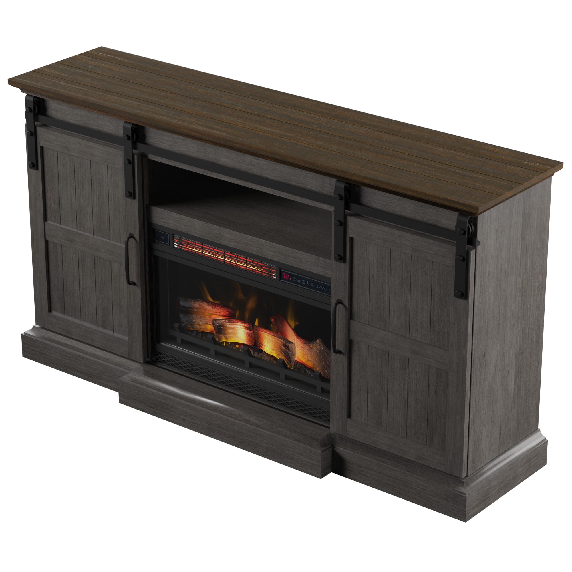 Twin Star Home Sliding Barn Door TV Stand for TVs up to 70” with Electric Fireplace in Gray