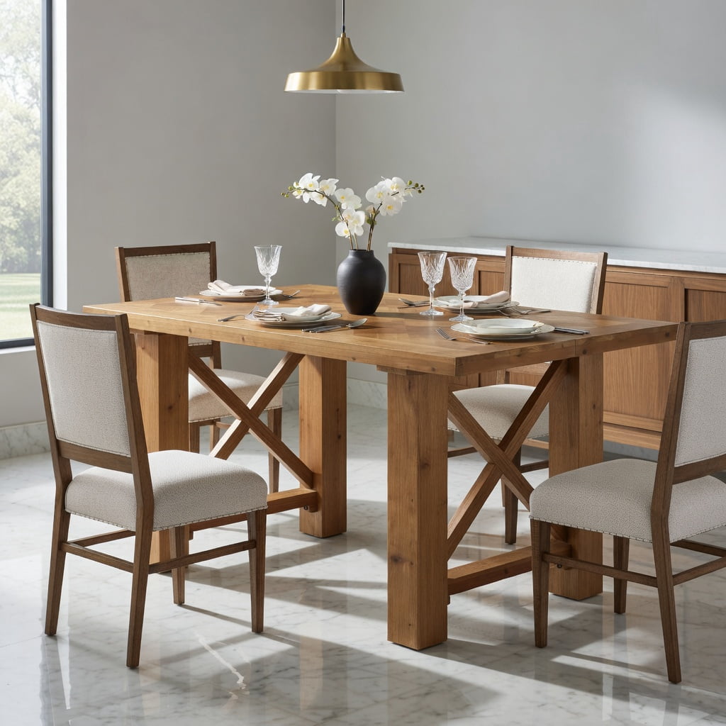 Hommoo 63 Inch Solid Fir Wood Dining Table with Herringbone Parquet Top, Rustic Farmhouse Rectangle Kitchen Table for 4-6 People, X-Frame Design, Natural