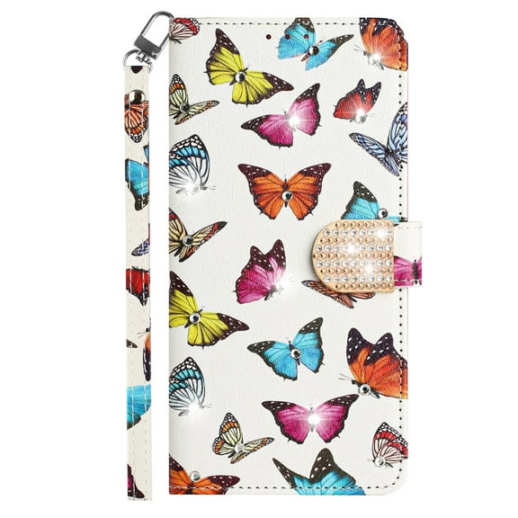 For Motorola MOT G 5G 2023 Diamond Bling Design Wallet With Lanyard Cover Case - Colorful Butterfly