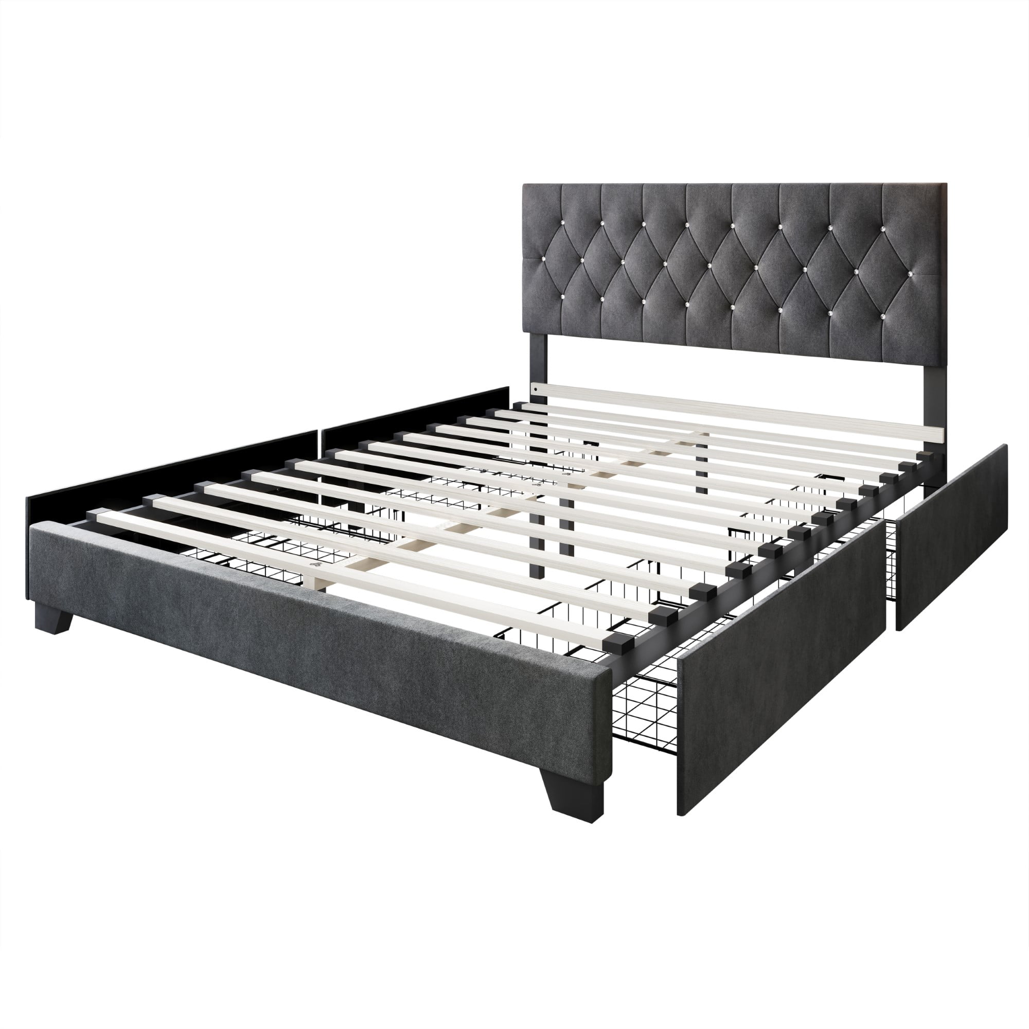 Home Design Sheffield Full Tufted Upholstered Storage Platform Bed Frame with Diamond Button-Tufted Headboard and Four Under-Drawers, Dark Gray, Easy Assembly