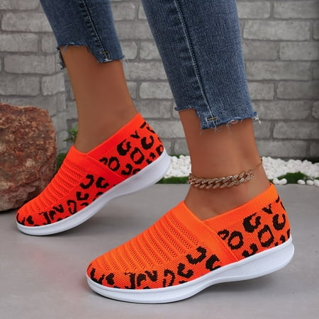 

Women s Leopard Print Knit Sneakers Slip On Breathable Flat Stretch Casual Shoes Lightweight Low-top Comfy Shoes