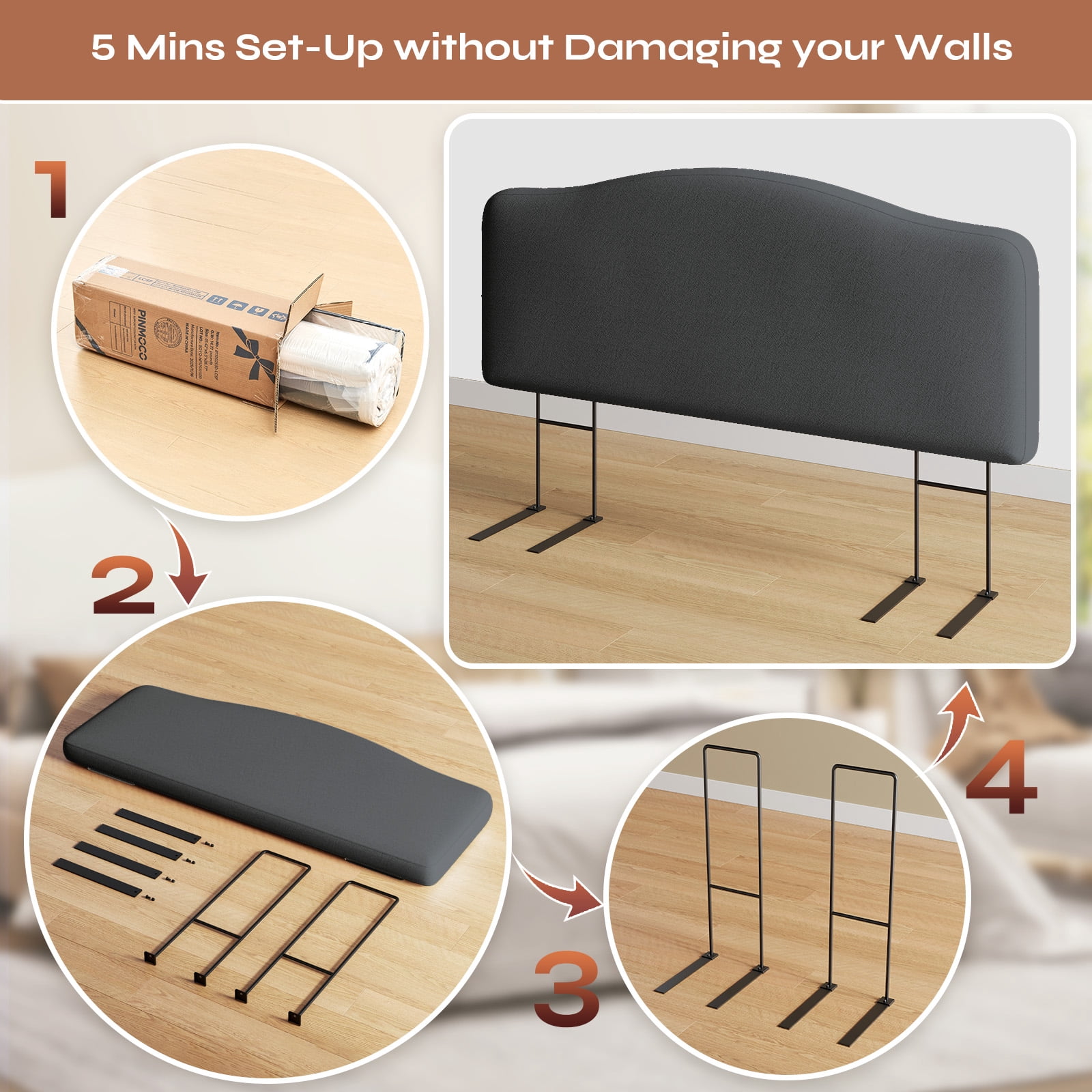 Pinmoco Upholstered Headboard for Full Bed, Height Adjustable and Memory Foam Arc-shaped Head Board, Gray