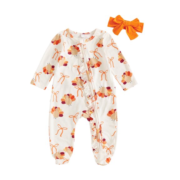 CUZIBR Girls Outfits Thanksgiving Romper Turkey Print Zip Up Jumpsuit With Headband Infant Round Neck Stylish Bodysuit Sweatsuit Clothing Sets,White,Newborn