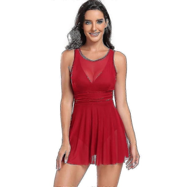 Bikini One Piece Skirt Swimsuit,women Plus Size Floral Bikini With Padded Tummy Bikini(Mesh Red)