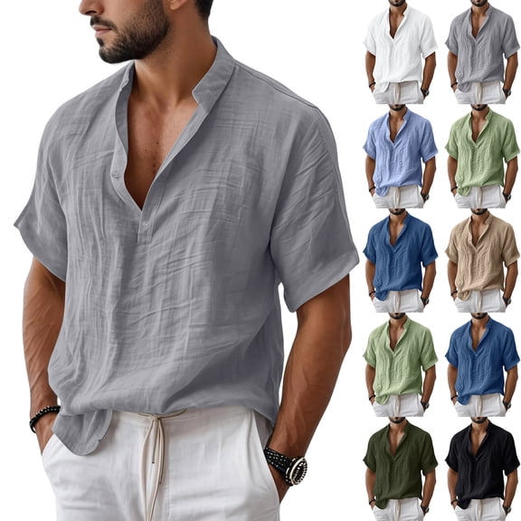 Men's Linen Shirts Summer Short Sleeve Button Down Collar Beach Boho Tops Casual Breathable Henley Shirts Plus Size