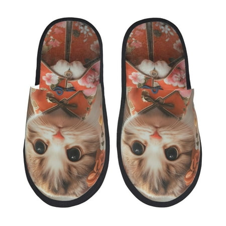 Balery Adorable Kitten In Kimono Slient Indoor Furry Fleece Comfort House Shoes Soft Non-Slip Home Shoes Cotton slippers House Slippers-- Medium