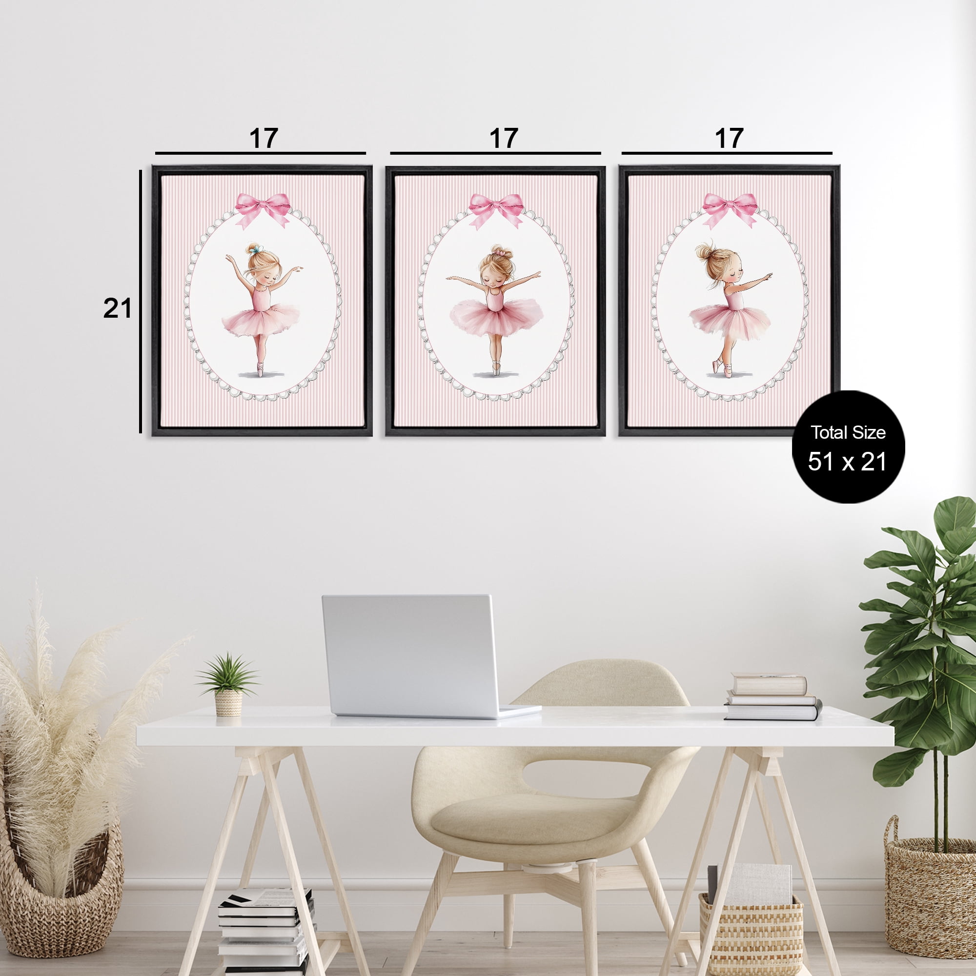 Stupell Industries Dancing Ballerinas in Pink 3 Piece Black Framed Floater Canvas Set, design by Christine Simpson Art